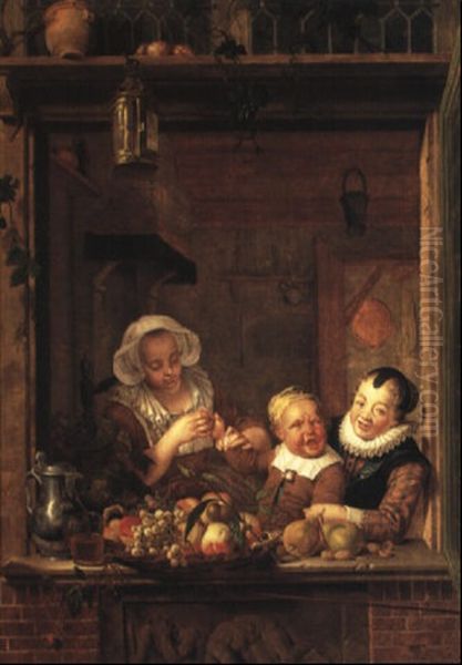 A Nursemaid, A Girl And A Young Boy Seated At An Open Window Oil Painting by Jan Stolker