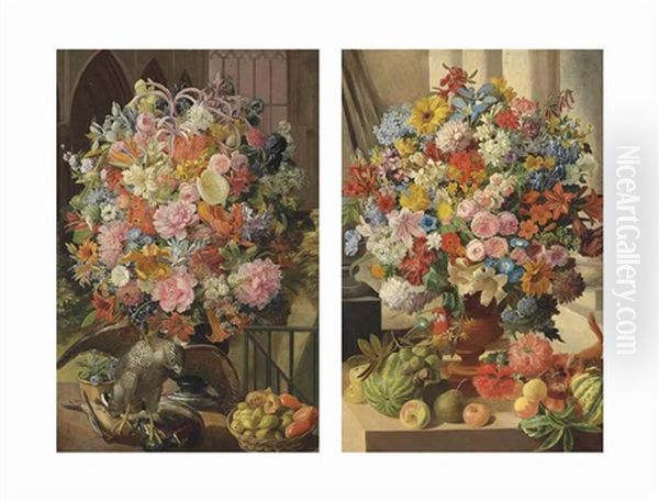 A Pair Of Flower Still Lifes Oil Painting by Leopold von Stoll