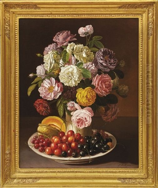 Paar Blumenstillleben Mit Fruchten Oil Painting by Leopold von Stoll