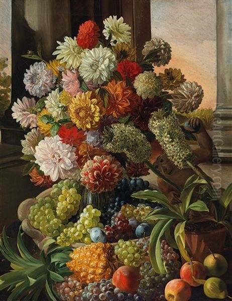 Flowers - Still Life With Fruit And Thieving Monkey Oil Painting by Leopold von Stoll