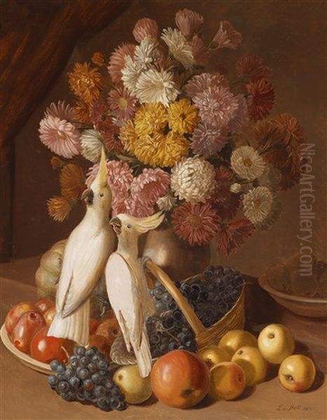 Blumenstillleben Mit Fruchten Und Nymphensittichen by Leopold von Stoll