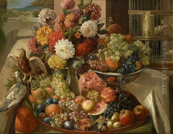 Blumen Und Fruchtestuck Mit Taubenkafig Oil Painting by Leopold von Stoll