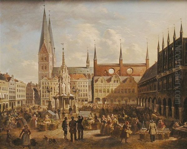 Markttag Auf Dem Lubecker Marktplatz Mit Reicher Personenstaffage Oil Painting by Christian Peter Wilhelm Stolle