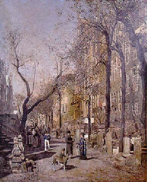 Figures In A Sunlit Street, Amsterdam Oil Painting by Fritz Stoltenberg