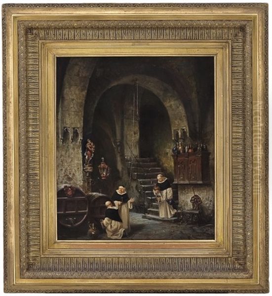 Monks In A Wine Cellar Oil Painting by Vincent Stoltenberg-Lerche