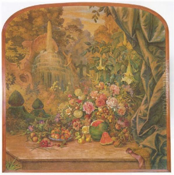 Jardin Con Fuente Y Gran Cesto De Flores Y Frutas Oil Painting by Ramon Stolz Segui