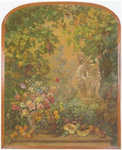 Jardin Con Escultura Y Gran Cesto De Flores Y Frutas Oil Painting by Ramon Stolz Segui