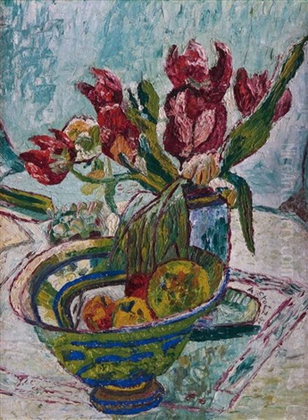 Obstschale Mit Tulpenstraus Oil Painting by Albert Stolz