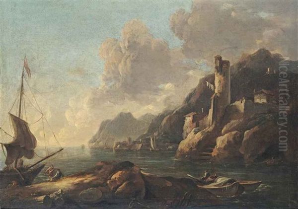 A Rocky Coastal Landscape With A Fortified Tower And An Anchored Boat Oil Painting by Antonio Stom