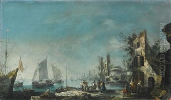 A Capriccio Harbour View With Figures Conversing And Ships At Anchor Oil Painting by Antonio Stom