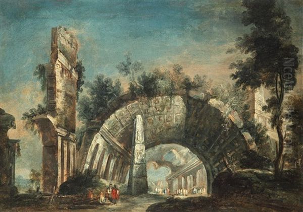 Capriccio Mit Romischen Ruinen (+ Another; Pair) Oil Painting by Antonio Stom