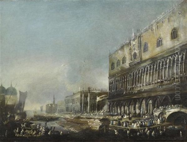 Der Bucintoro Vor Dem Palazzo Ducale Wahrend Einer Offentlichen Zeremonie Oil Painting by Antonio Stom