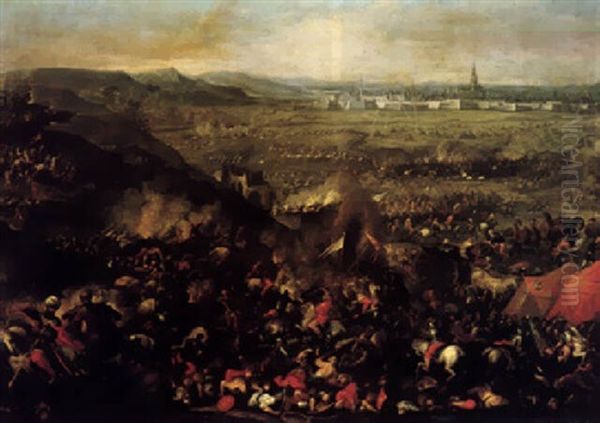 The Siege Of Vienna (1684) With Turks Fighting Christian Forces In The Foreground Oil Painting by Matteo Stom