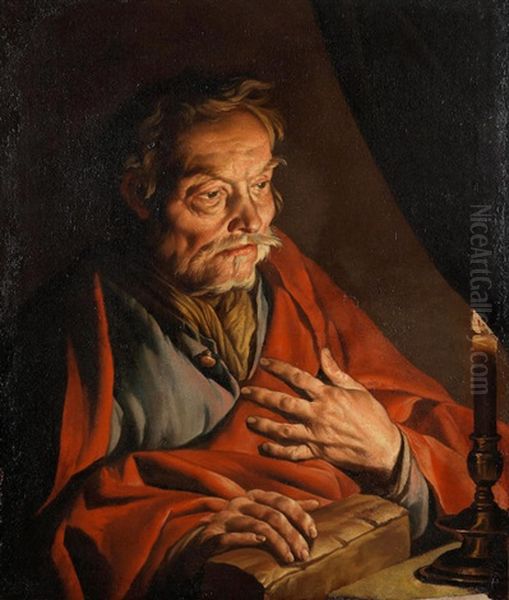 Saint Matthew By Candlelight Oil Painting by Matthias Stom