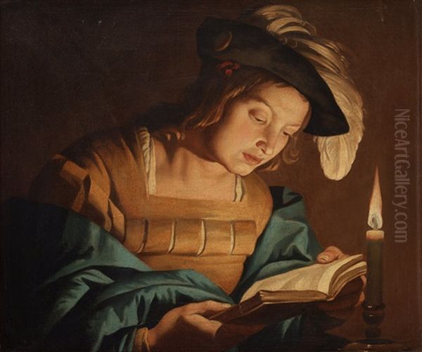 Boy Reading By Candlelight Oil Painting by Matthias Stom