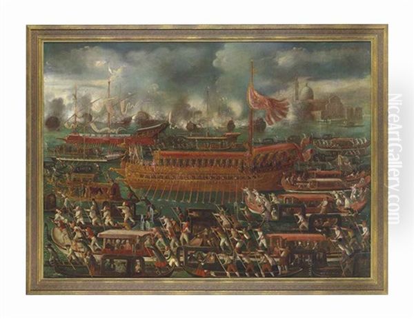 Venice, The Doge In The Bucintoro Departing For San Nicolo Di Lido On Ascension Day Oil Painting by Mathaeus Stomer the Elder