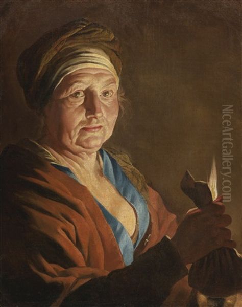 An Old Woman Holding A Purse By Candlelight Oil Painting by Mathaeus Stomer the Elder