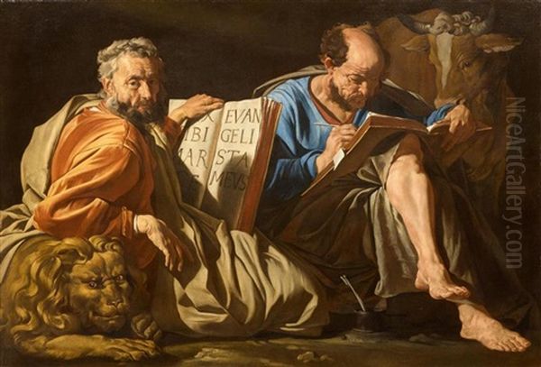 Die Evangelisten Markus Und Lukas Mit Ihren Attributen Lowe Und Ochse Oil Painting by Mathaeus Stomer the Elder