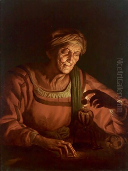 Alte Frau, Die Beim Licht Einer Ollampe Eine Munze Pruft Oil Painting by Mathaeus Stomer the Younger