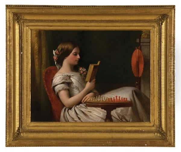 Portrait Of A Lady In A White Dress Reading Oil Painting by Frank Stone