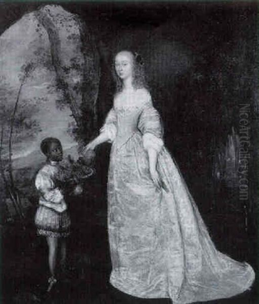 Portrait Of A Lady, Full Length Standing In A Landscape Being Offered Grapes By Her Black Servant Boy Oil Painting by Henry Stone