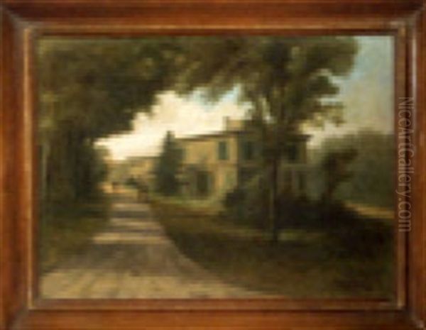 House Portrait With Figures Walking Down A Road Oil Painting by William Stone