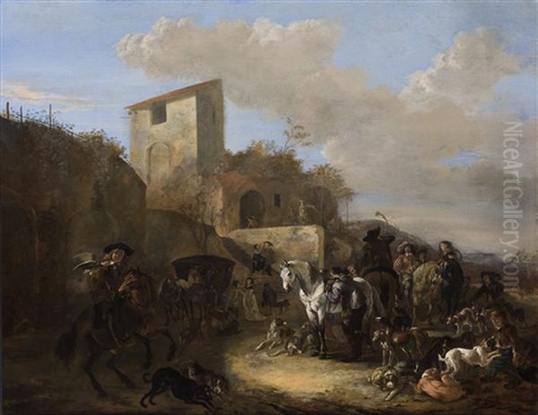 The Rest Of A Falconry Hunting Party Near An Inn Oil Painting by Dirk Stoop