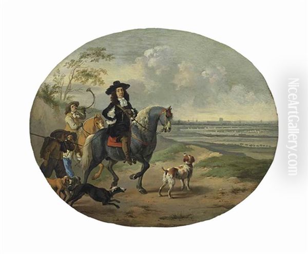 An Elegant Man, Traditionally Identified As Charles Ii, On Horseback With His Hunting Party And Dogs, Westminster And Old Saint Paul's Beyond Oil Painting by Dirk Stoop