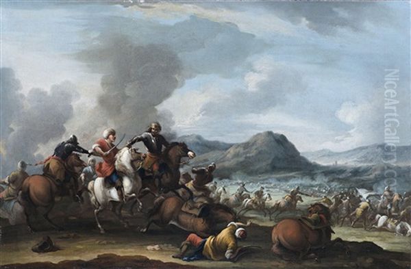 A Cavalry Battle Between Christians And Turks, An Extensive Landscape Beyond Oil Painting by Dirk Stoop