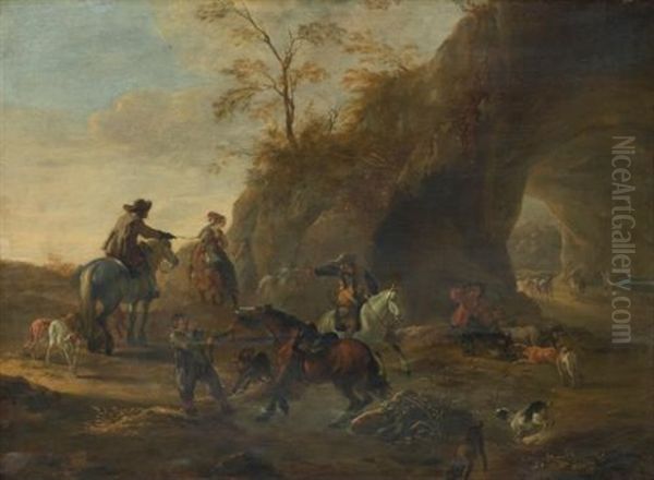 A Landscape With Horsemen And Dogs In The Foreground, A Herdsman With Cattle Beneath A Natural Arch Beyond Oil Painting by Dirk Stoop