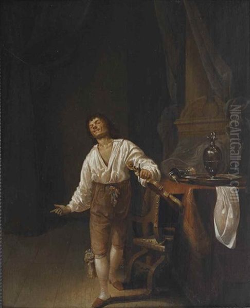 A Violin Player In An Interior With A Pewter Tankard, Jug And Platter On A Table Before A Column Oil Painting by Maerten Stoop