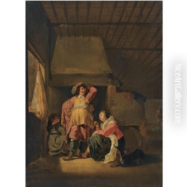 An Interior Scene With A Officer And A Seated Woman Smoking A Pipe Oil Painting by Maerten Stoop