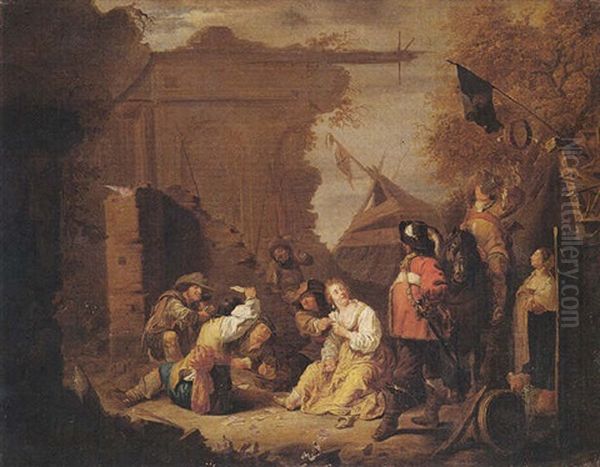 Soldiers And Camp Followers Playing Cards Amidst Ruins Oil Painting by Maerten Stoop