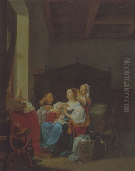 Interieur Mit Einer Jungen Frau, Die Von Einer Magd Geschmuckt Wird Oil Painting by Maerten Stoop