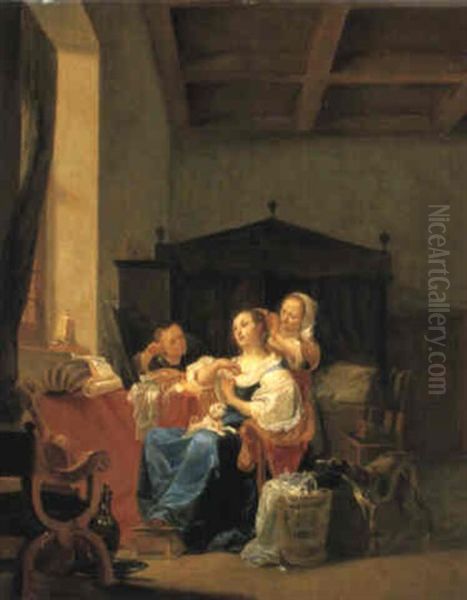 Interieur Mit Einer Jungen Frau, Die Von Einer Magd Geschm_ckt Wird Oil Painting by Maerten Stoop