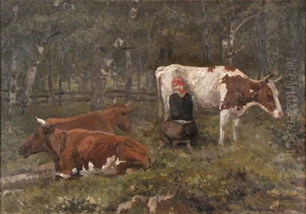 Korna Mjolkas I Hagen Oil Painting by Georg Stoopendaal