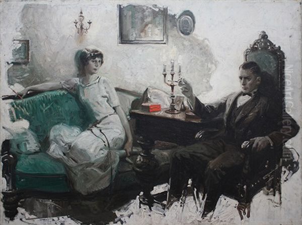 Couple In Livingroom Smoking Thoughtfully Oil Painting by Herbert Morton Stoops