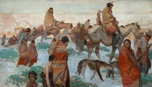 Indians On The March, Winter Oil Painting by Herbert Morton Stoops