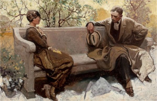 Couple On Park Bench Oil Painting by Herbert Morton Stoops