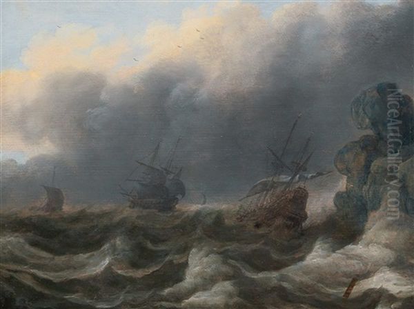 Ships In A Stormy Sea Near A Cliff Oil Painting by Cornelis Leonardsz Stooter