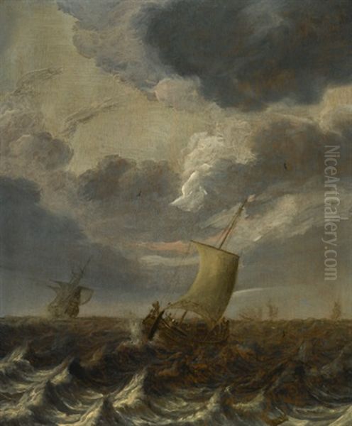 Ships On Choppy Waters Oil Painting by Cornelis Leonardsz Stooter