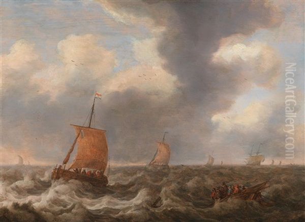 Ships And A Fishing Boat On A Choppy Sea Oil Painting by Cornelis Leonardsz Stooter