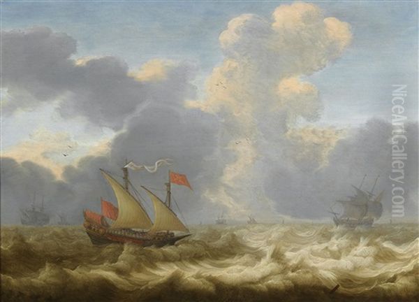 Ships On A Choppy Sea Oil Painting by Cornelis Leonardsz Stooter