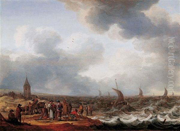 Coastal Landscape With Fishmongers And Stormy Sea Oil Painting by Cornelis Leonardsz Stooter