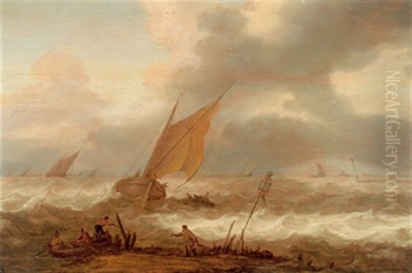 Schiffe Auf Bewegter See, Im Vordergrund Ein Boot Mit Fischern Oil Painting by Cornelis Leonardsz Stooter