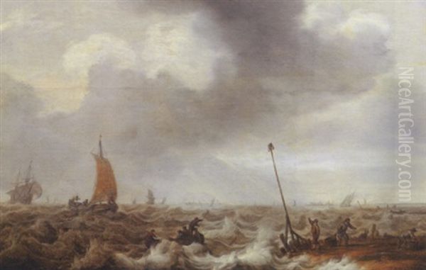 Shipping In Choppy Seas With Fishermen On The Shore In The Right Foreground, A Town Beyond Oil Painting by Cornelis Leonardsz Stooter