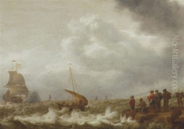 Shipping Off The Coast In A Stiff Breeze, Figures On The Shoreline In The Foreground Oil Painting by Cornelis Leonardsz Stooter