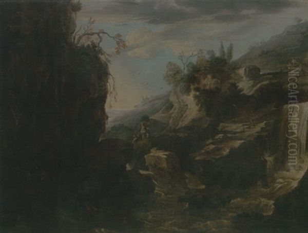 A Rocky River Landscape With Figures Climbing By A Waterfall Oil Painting by Cornelis Leonardsz Stooter