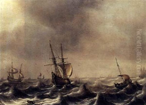 A Flute And Other Ships In Stormy Water Oil Painting by Cornelis Leonardsz Stooter