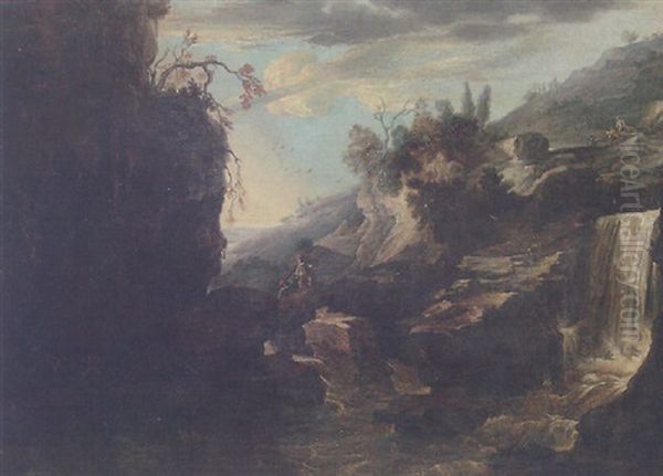 A Rocky River Landscape With Figures Climbing By A Waterfall Oil Painting by Cornelis Leonardsz Stooter